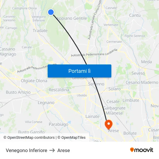 Venegono Inferiore to Arese map