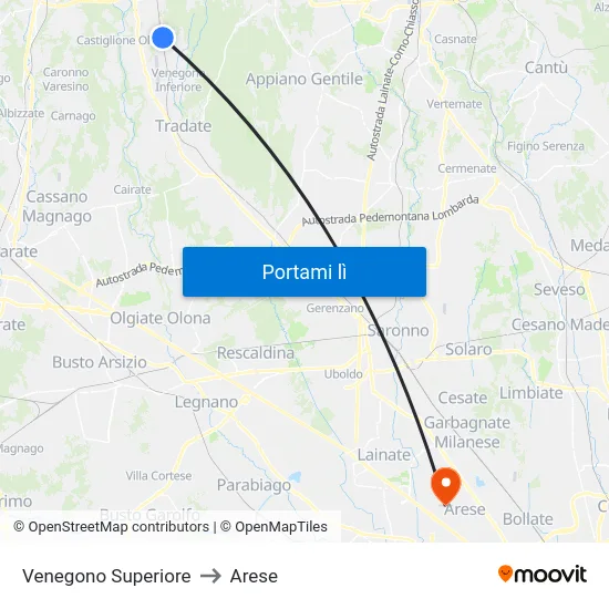 Venegono Superiore to Arese map