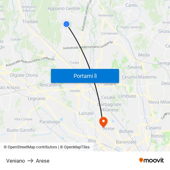 Veniano to Arese map