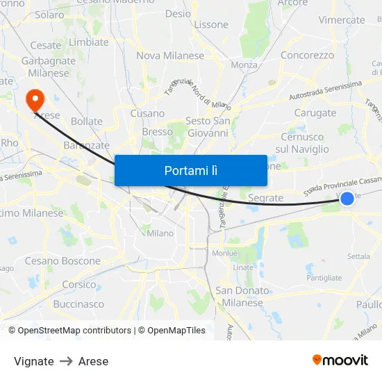 Vignate to Arese map