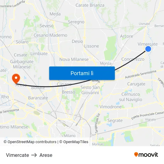 Vimercate to Arese map