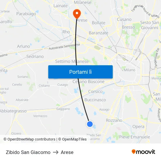 Zibido San Giacomo to Arese map