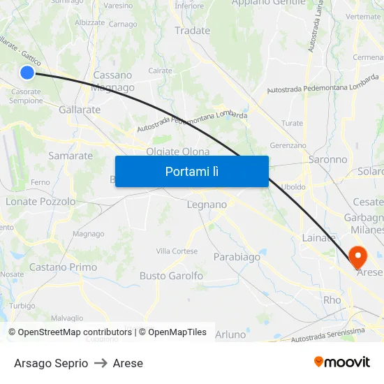 Arsago Seprio to Arese map