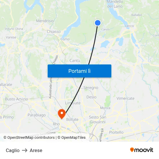Caglio to Arese map