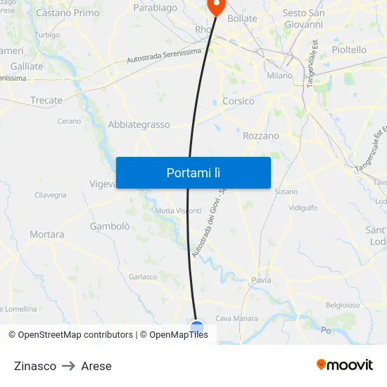 Zinasco to Arese map