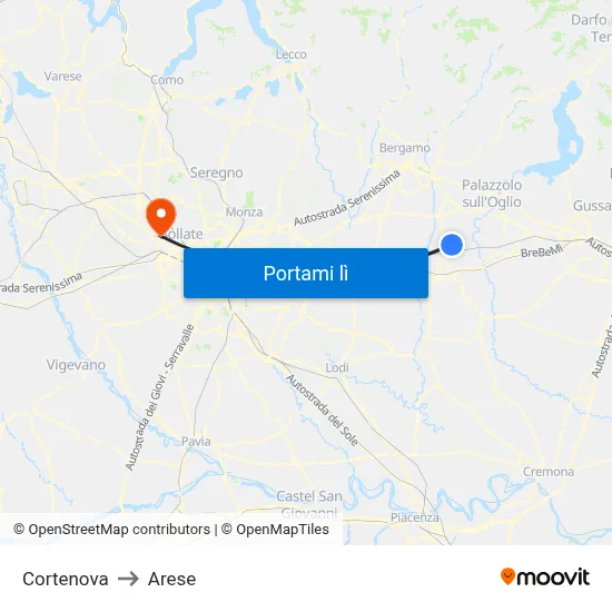 Cortenova to Arese map