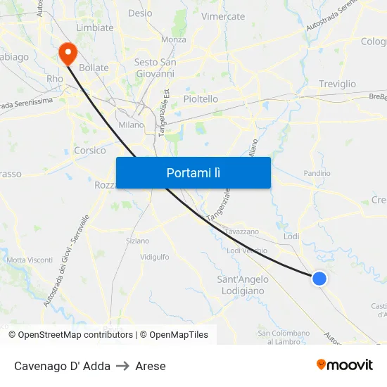 Cavenago D' Adda to Arese map