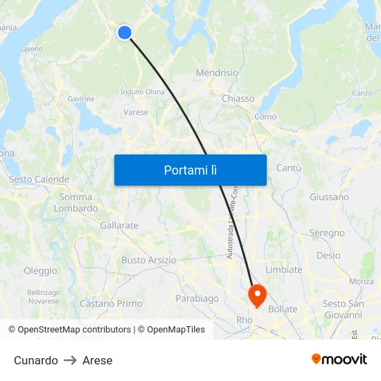 Cunardo to Arese map