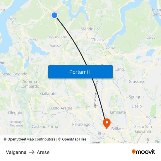 Valganna to Arese map