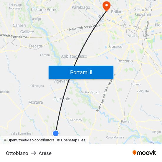 Ottobiano to Arese map