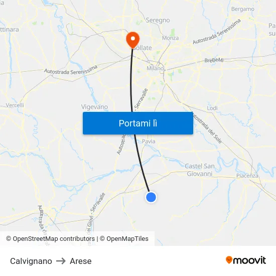 Calvignano to Arese map