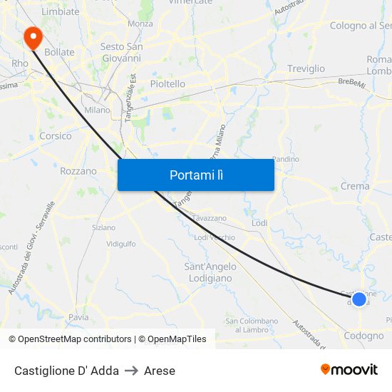 Castiglione D' Adda to Arese map