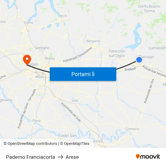 Paderno Franciacorta to Arese map