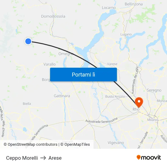 Ceppo Morelli to Arese map