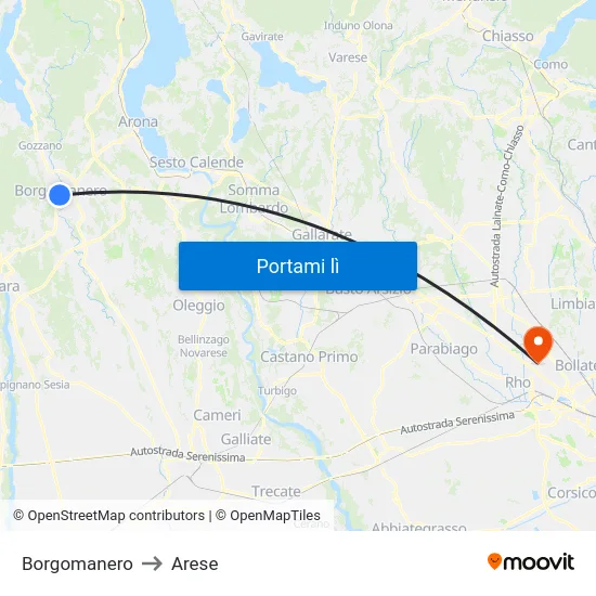 Borgomanero to Arese map