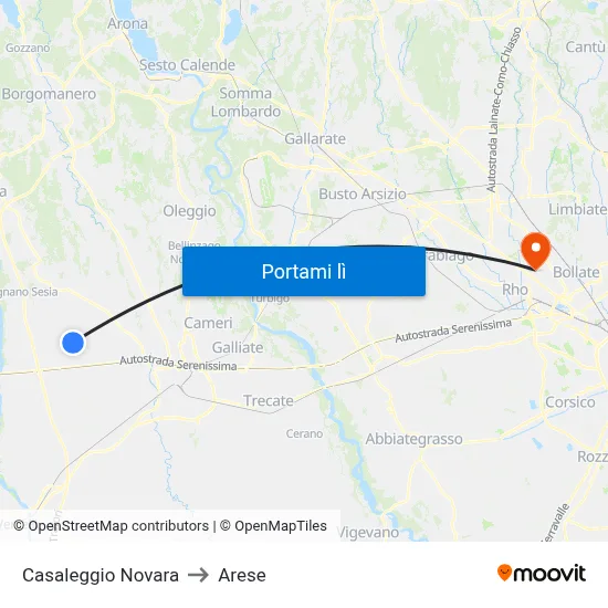 Casaleggio Novara to Arese map