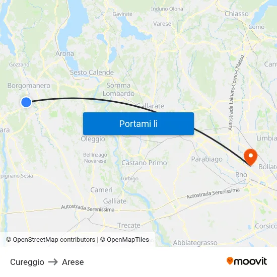 Cureggio to Arese map