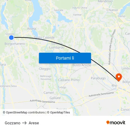 Gozzano to Arese map