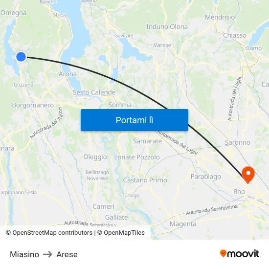Miasino to Arese map