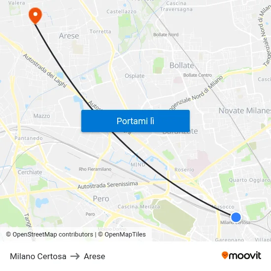 Milano Certosa to Arese map
