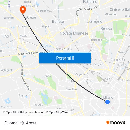 Duomo to Arese map