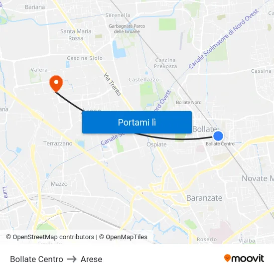 Bollate Centro to Arese map