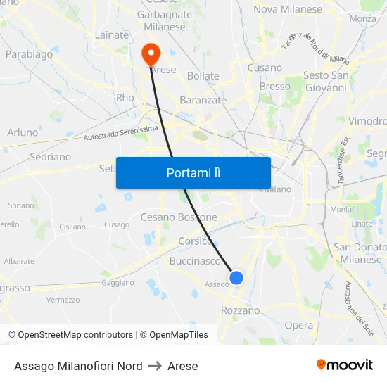 Assago Milanofiori Nord to Arese map