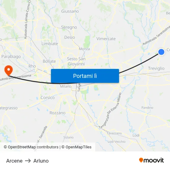 Arcene to Arluno map