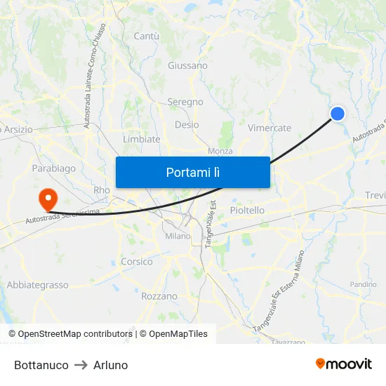 Bottanuco to Arluno map