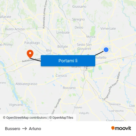 Bussero to Arluno map