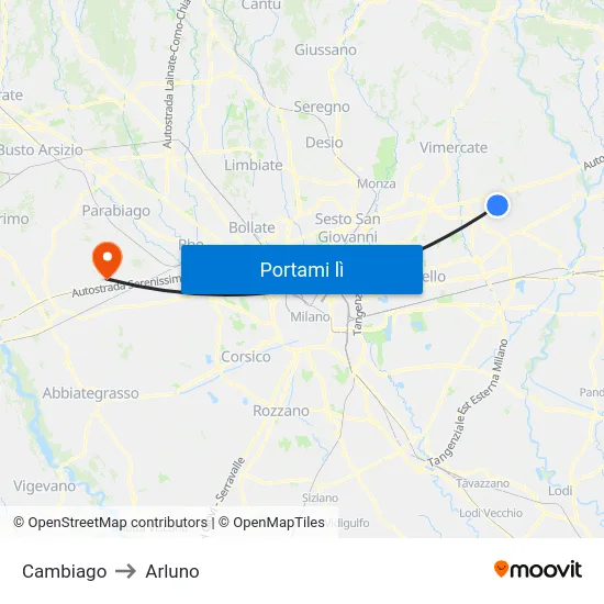 Cambiago to Arluno map