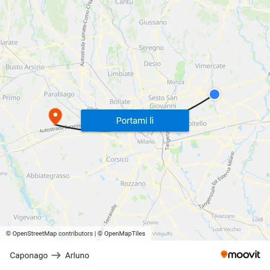 Caponago to Arluno map