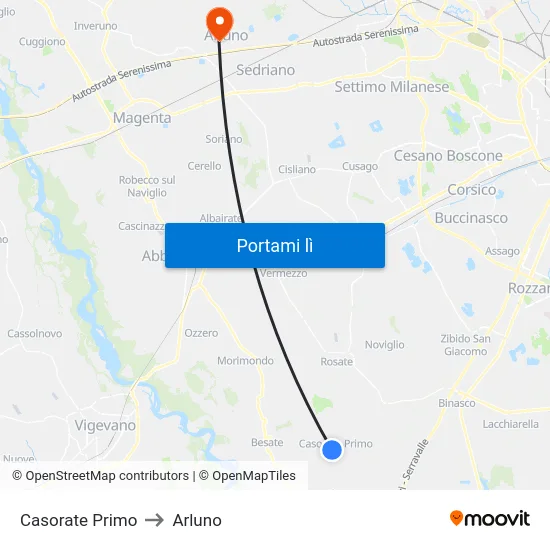 Casorate Primo to Arluno map