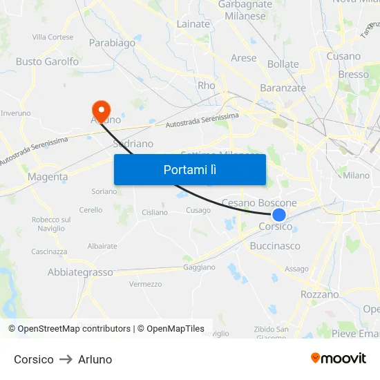 Corsico to Arluno map