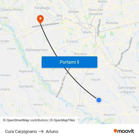 Cura Carpignano to Arluno map