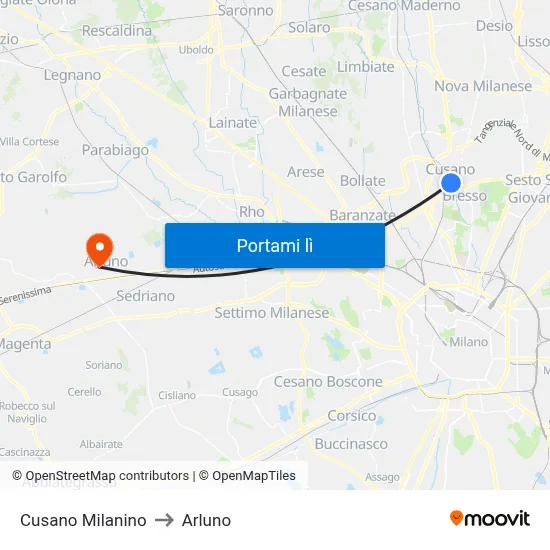 Cusano Milanino to Arluno map