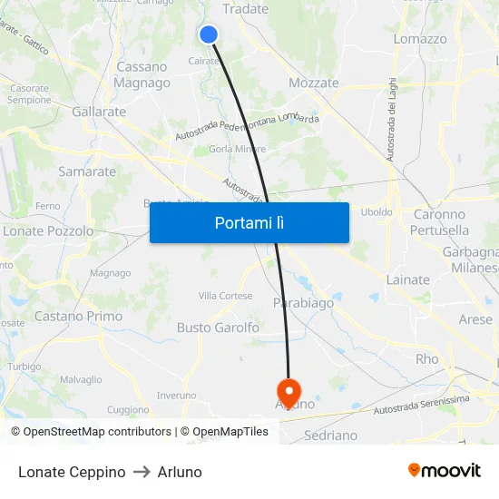 Lonate Ceppino to Arluno map