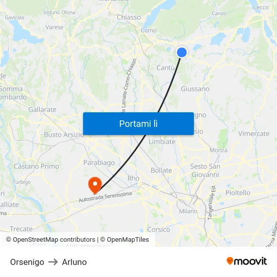 Orsenigo to Arluno map