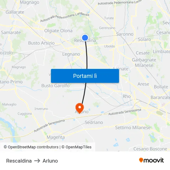 Rescaldina to Arluno map