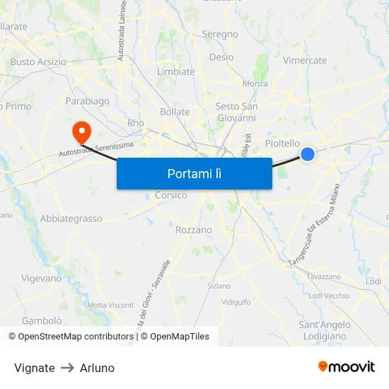 Vignate to Arluno map