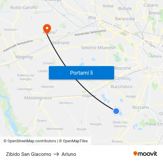 Zibido San Giacomo to Arluno map