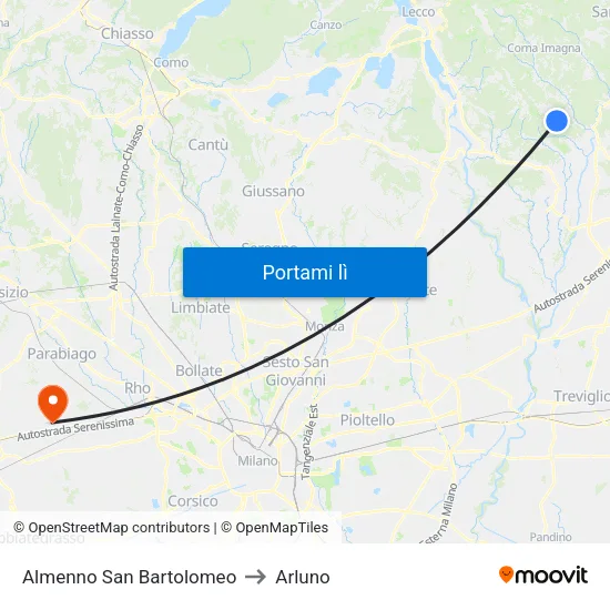 Almenno San Bartolomeo to Arluno map