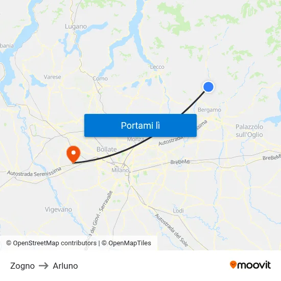 Zogno to Arluno map