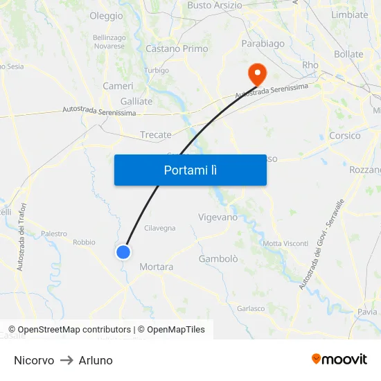 Nicorvo to Arluno map