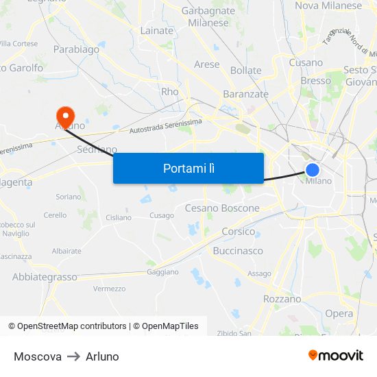 Moscova to Arluno map