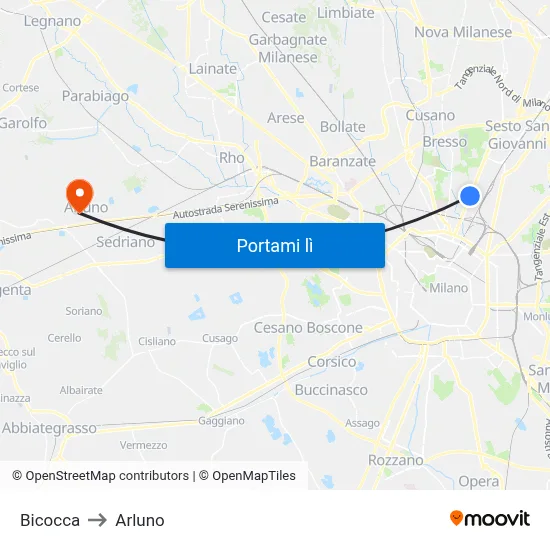 Bicocca to Arluno map
