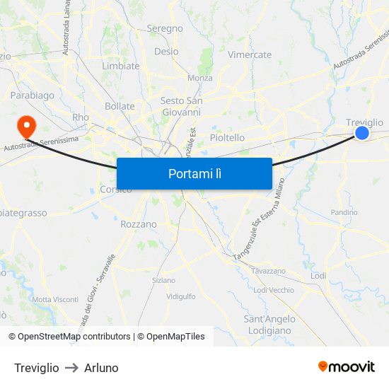 Treviglio to Arluno map