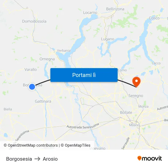 Borgosesia to Arosio map