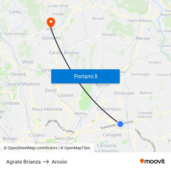 Agrate Brianza to Arosio map