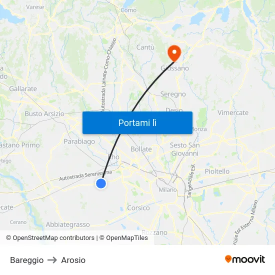 Bareggio to Arosio map